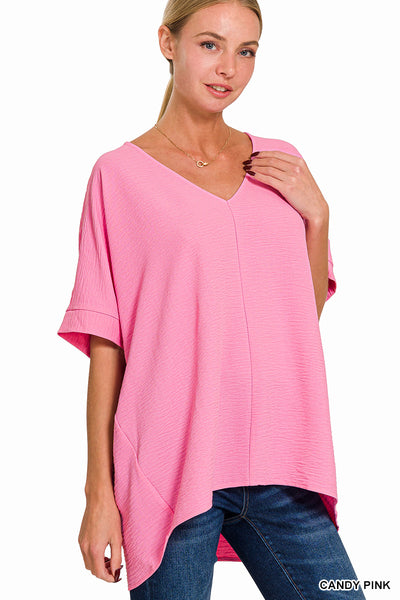 Woven Dolman Short Sleeve Candy Pink