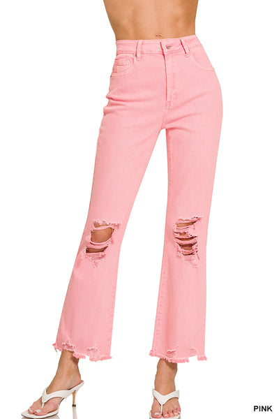 Acid Washed High Waist Distressed Straight Pants Pink