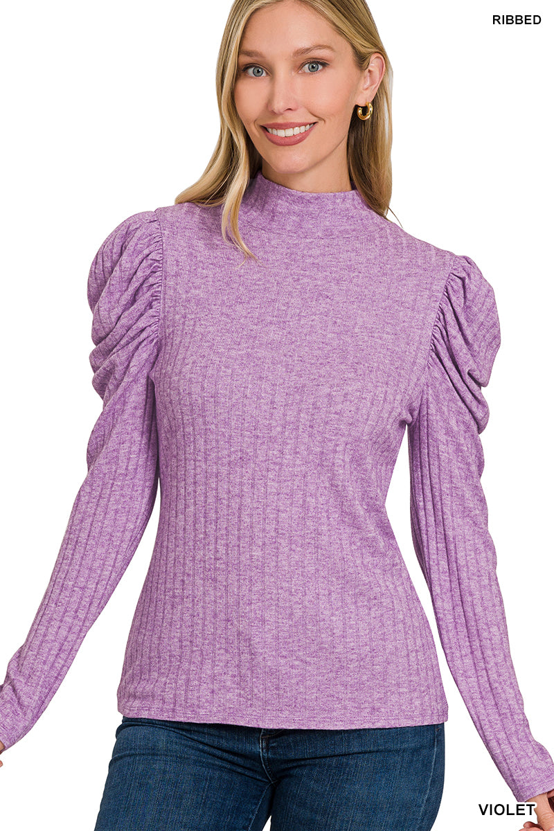Ribbed Puffed Sleeve Mock Neck
