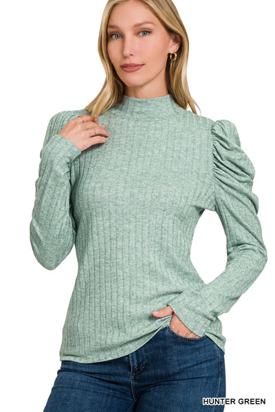 Ribbed Puff Sleeve Mock Neck
