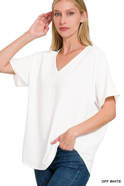 V Neck Dolman Short Sleeve Top Off White