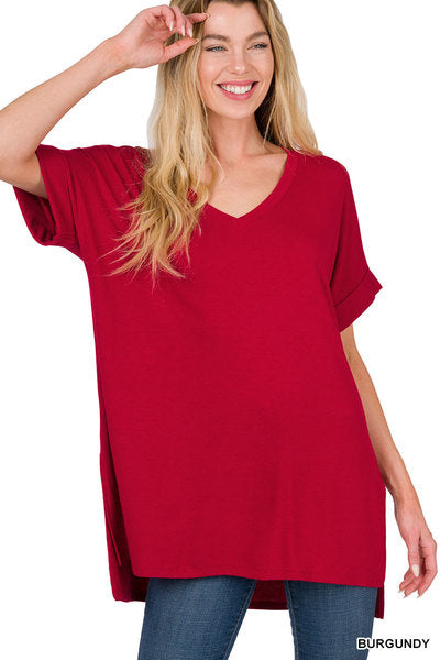 Short Sleeve Side Slit Top Burgundy