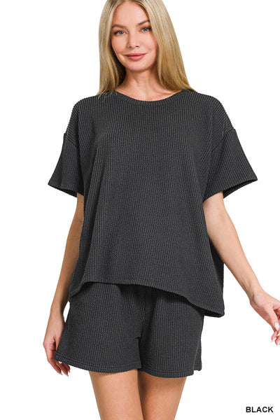 Corded Rib Short Set Black
