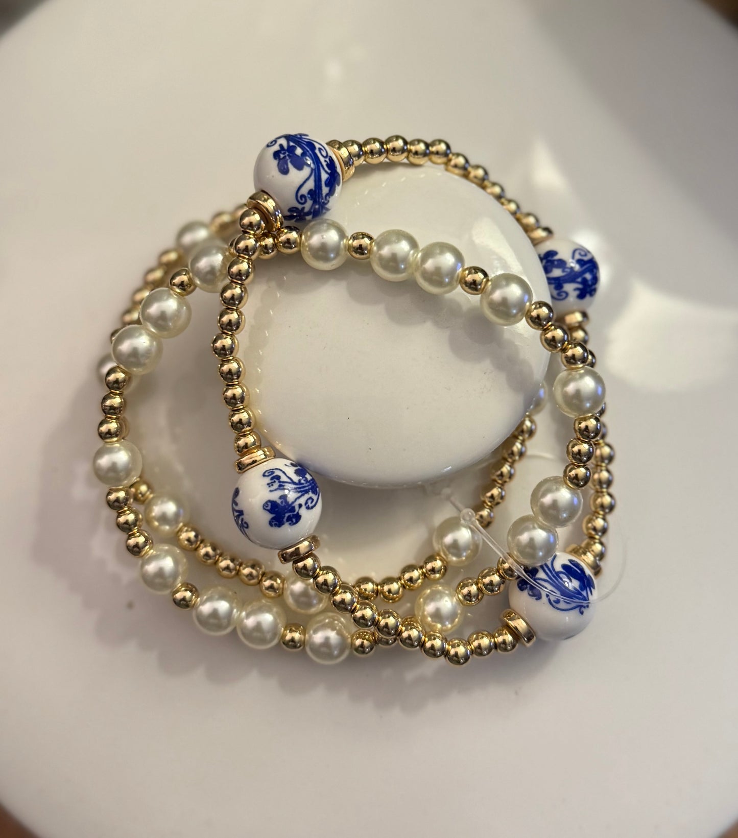 Gold Pearl and Blue Bracelet Stack