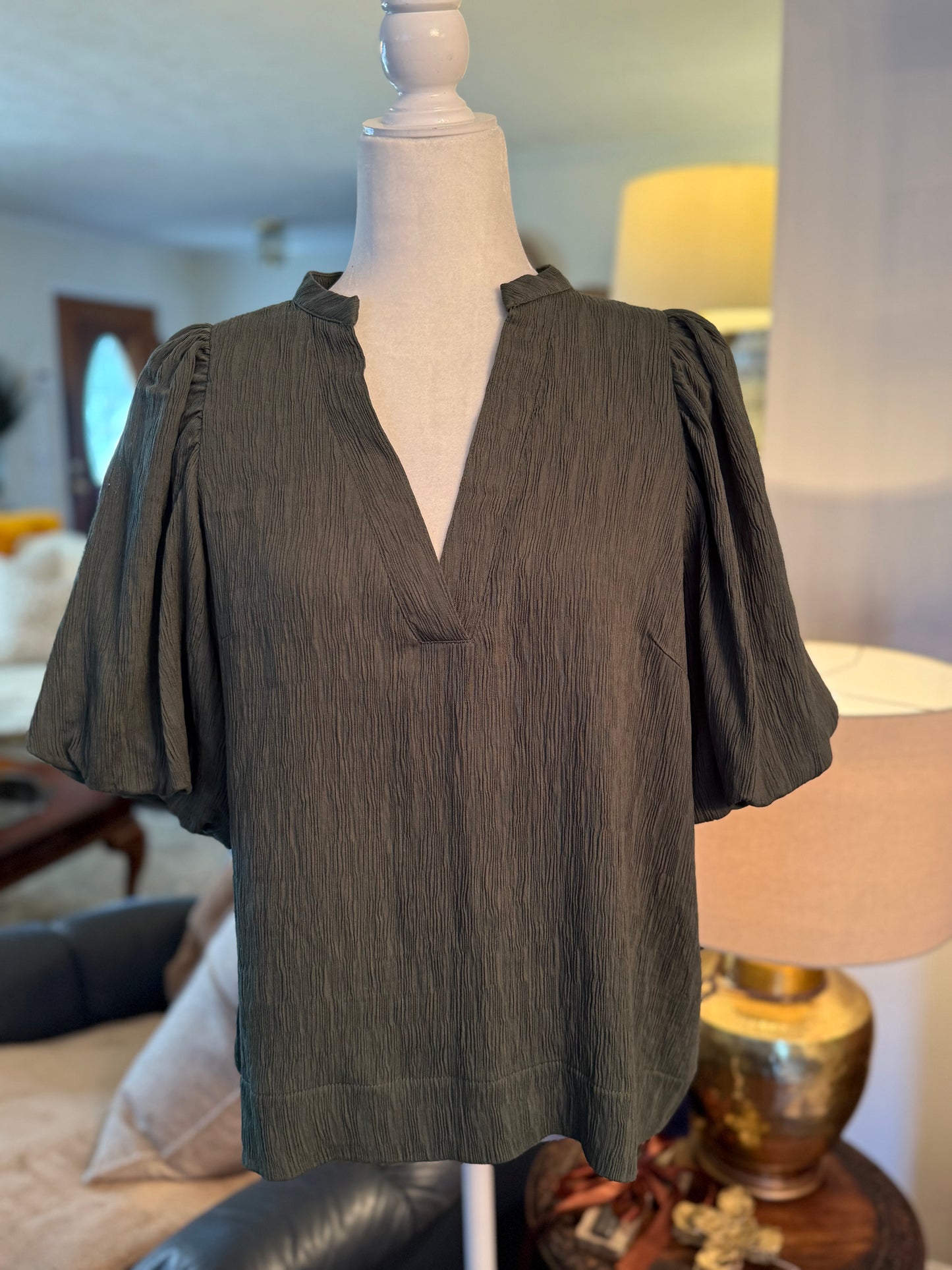 Green V Neck Puff Sleeve