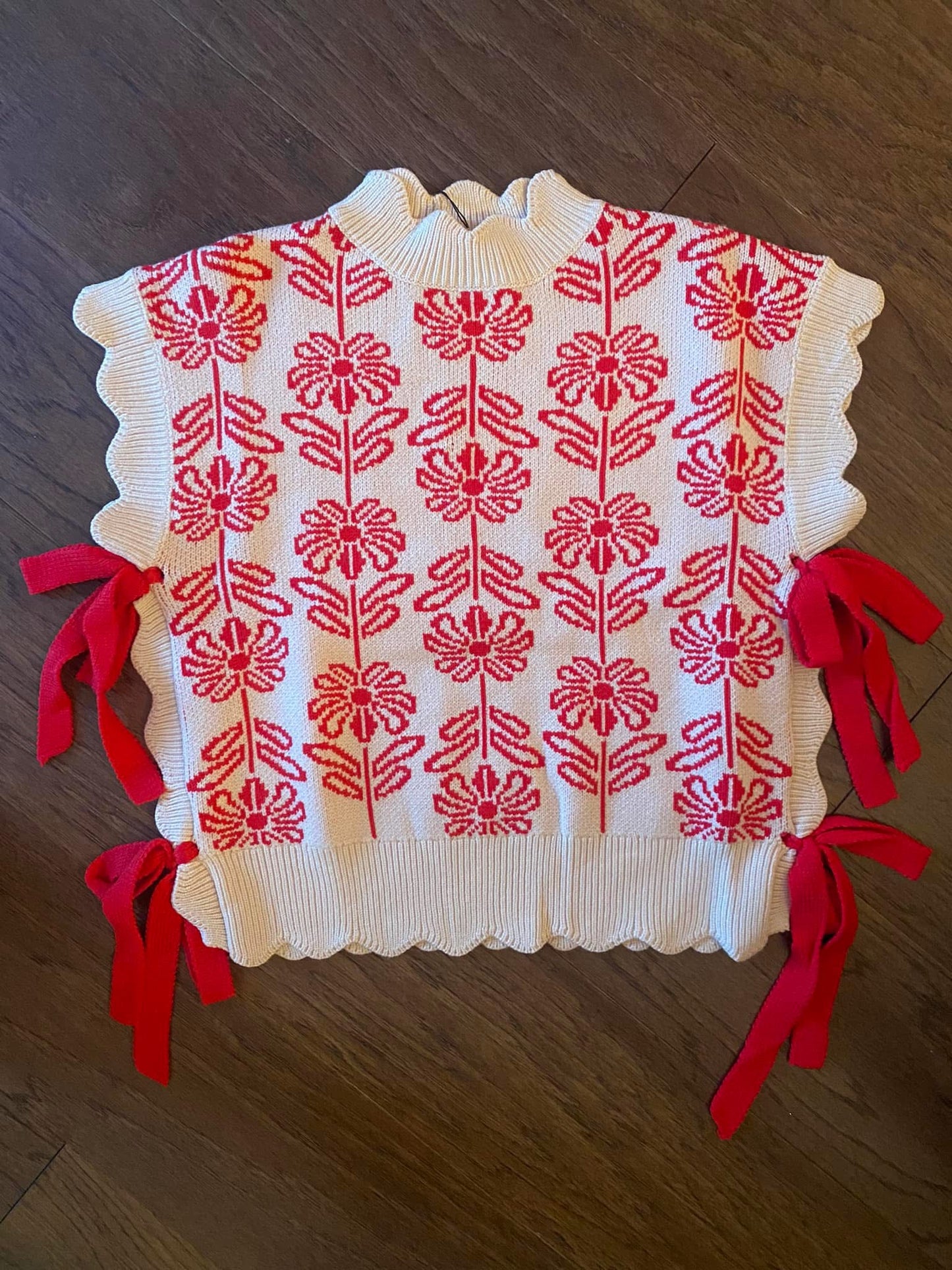 Red Scallop Rib Sweater