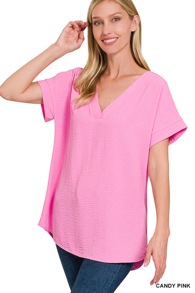 V Neck Hi-Low Hem Top Candy Pink