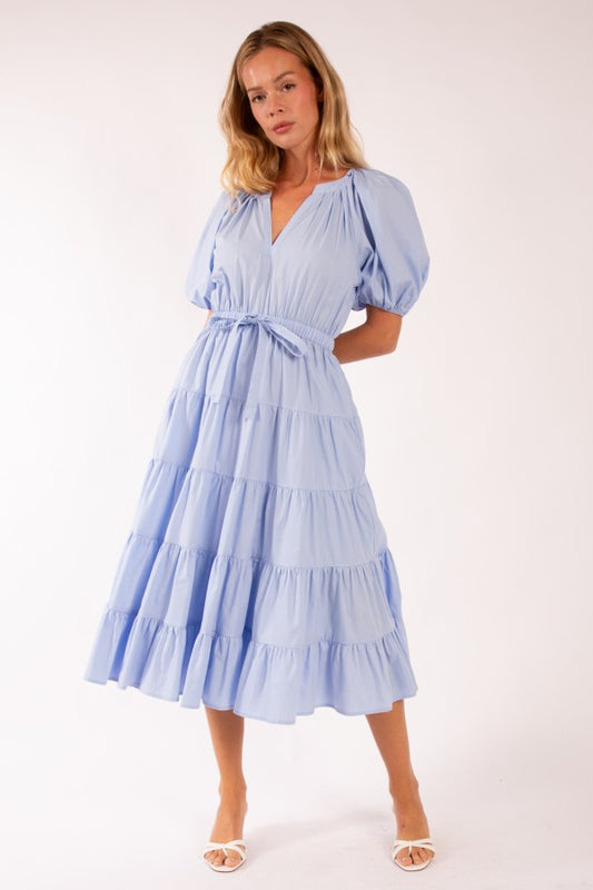 Tiered Puff Sleeve Midi Dress Blue