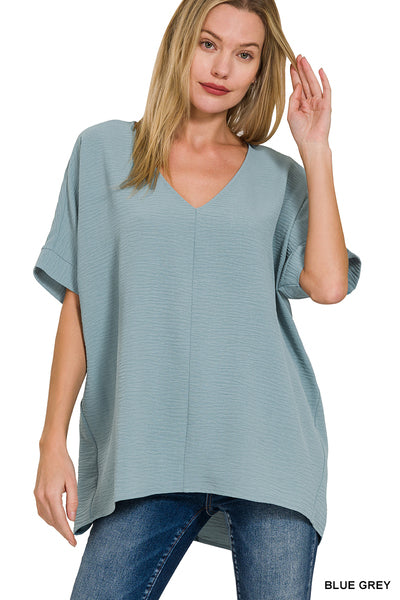 V Neck Dolman Short Sleeve Blue Grey