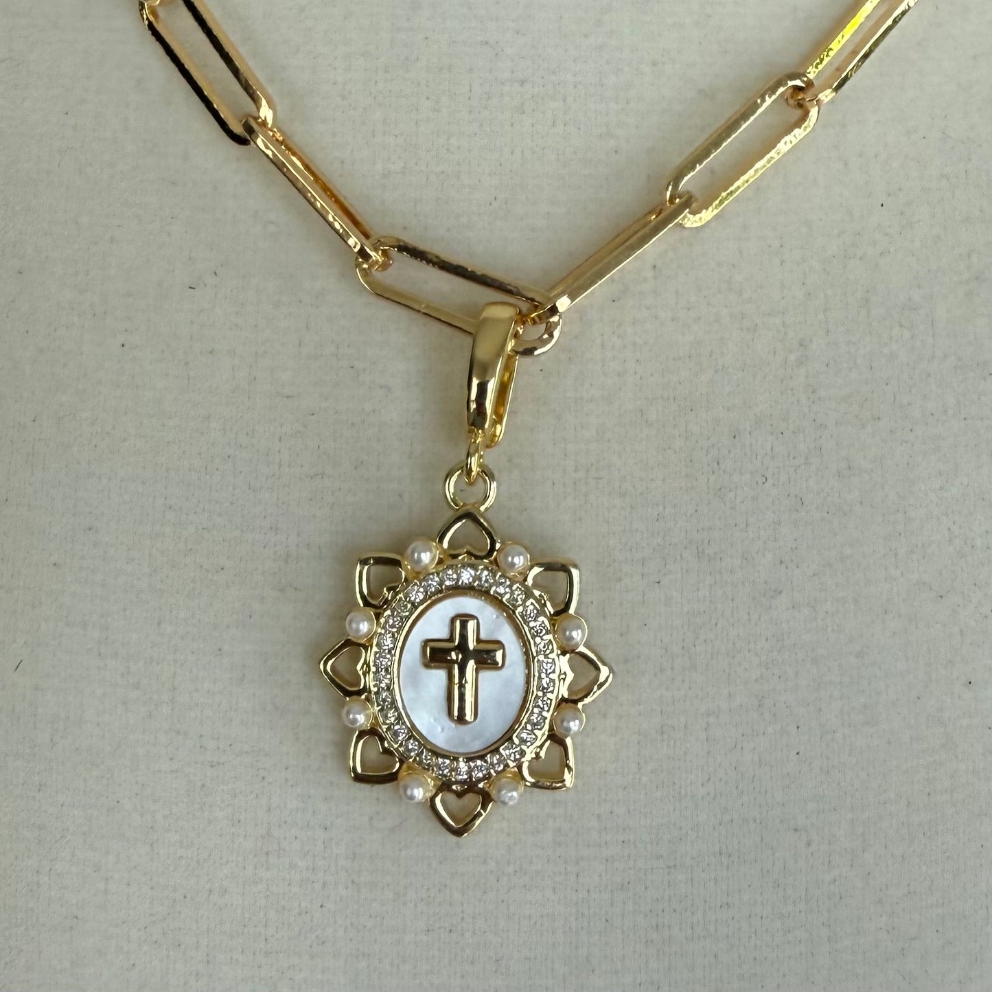 Cross with Pearls and Hearts Charm