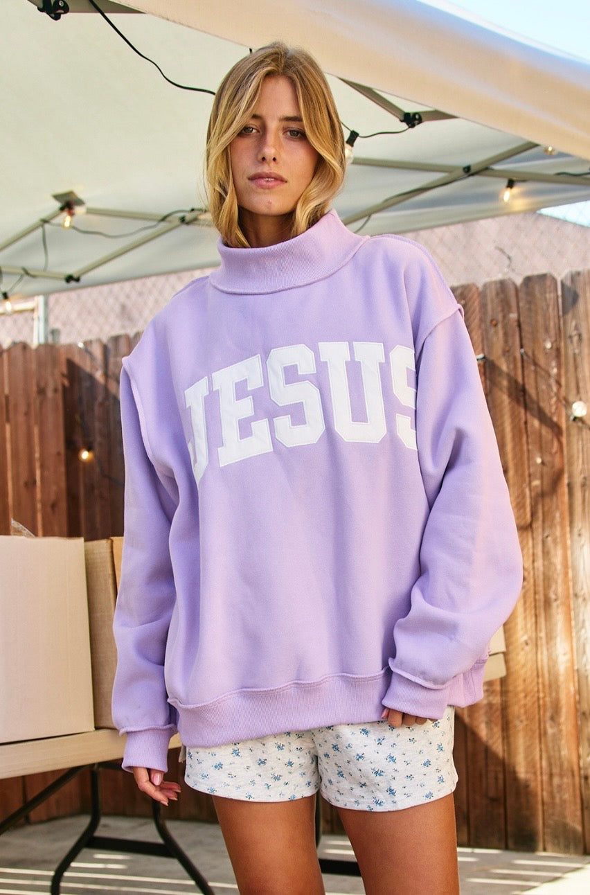 Jesus Mock Neck Sweatshirt Lavender