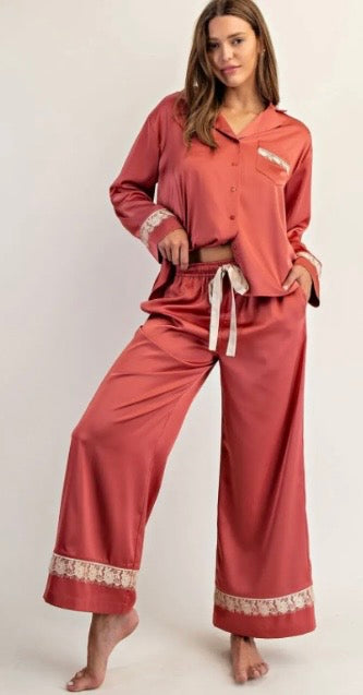 Lace Trim Satin Lounge Set