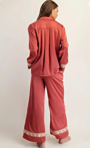 Lace Trim Satin Lounge Set