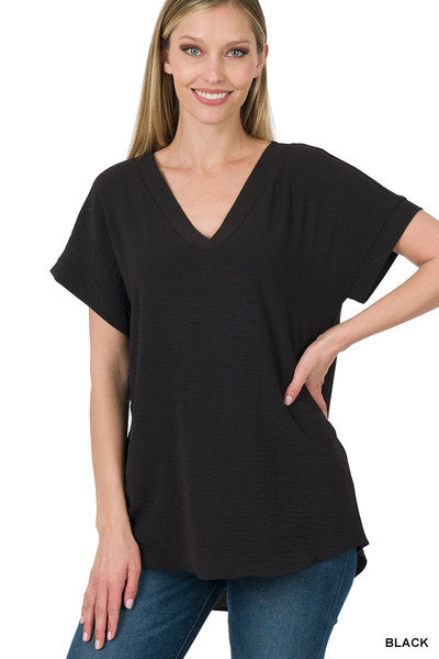V Neck Hi-Low Hem Top Black