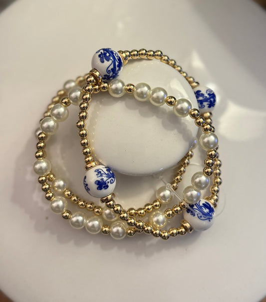 Gold Pearl and Blue Bracelet Stack