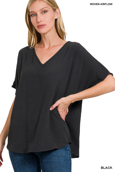 V Neck Short Sleeve Top Black