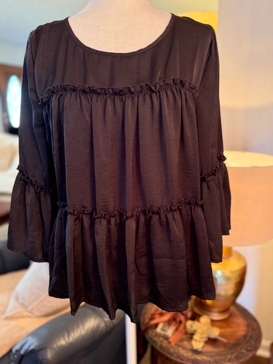 Black Pleated Ruffle Blouse
