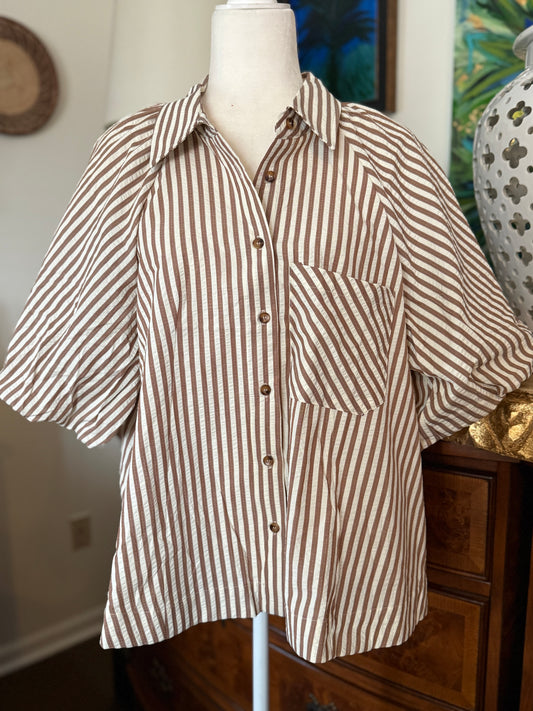 Pecan Stripe Bubble Sleeve Button Down Top