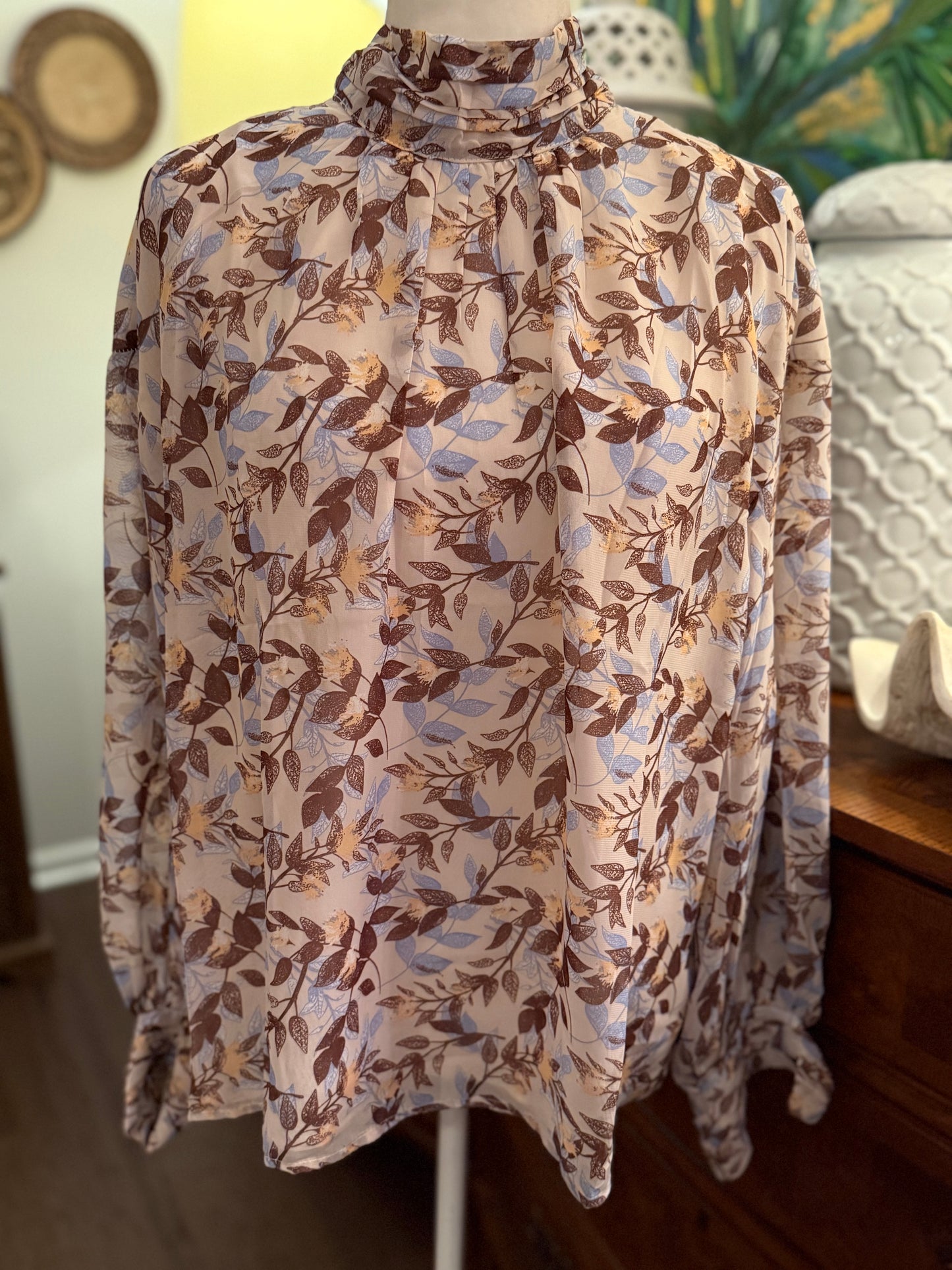 Flower Print Mock Neck Blouse